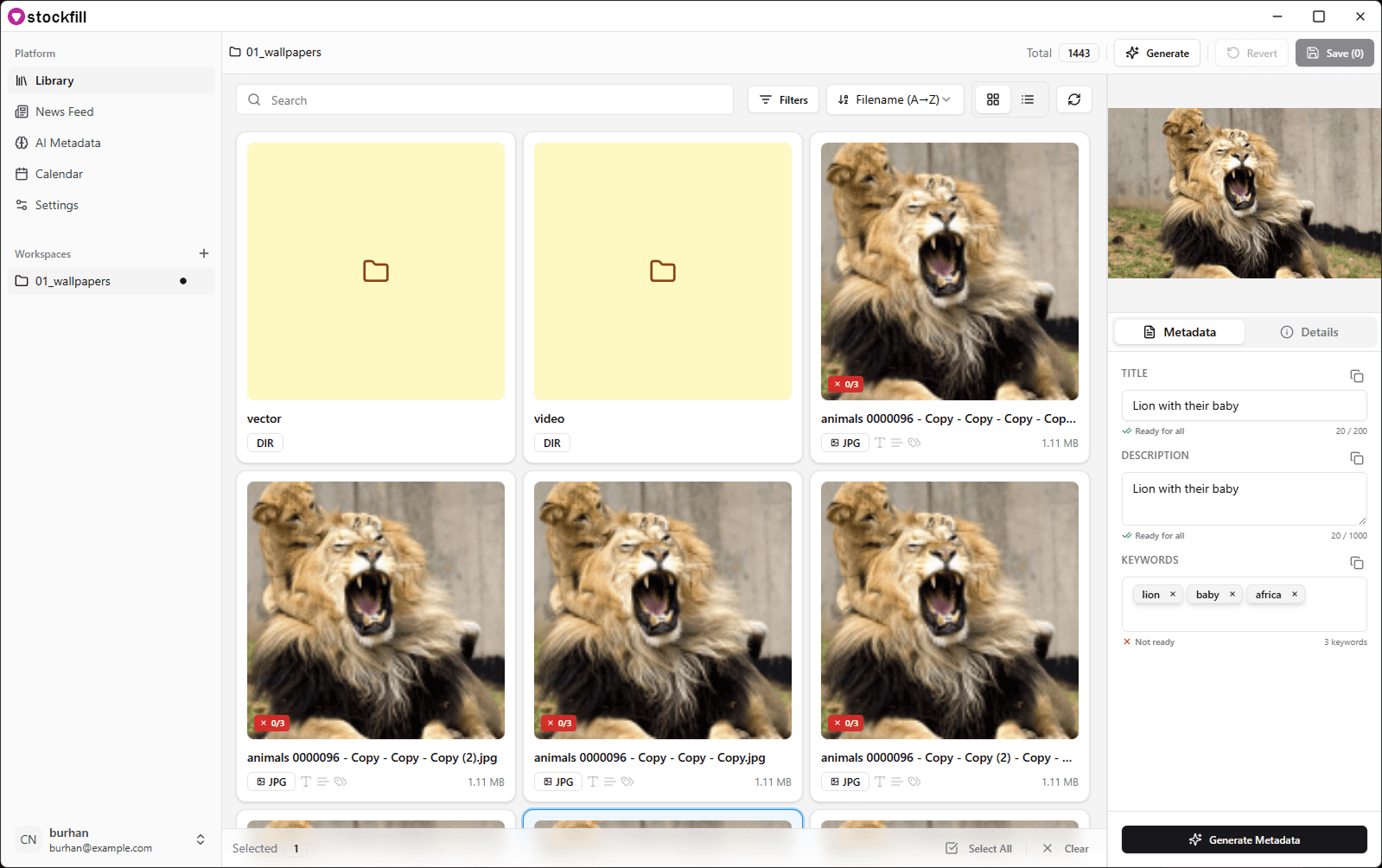 Stockfill Windows app showing bulk metadata editing for microstock assets